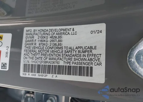 2024 Honda Accord Hybrid Sport z USA, uszkodzony, nr VIN 1HGCY2F58RA036760